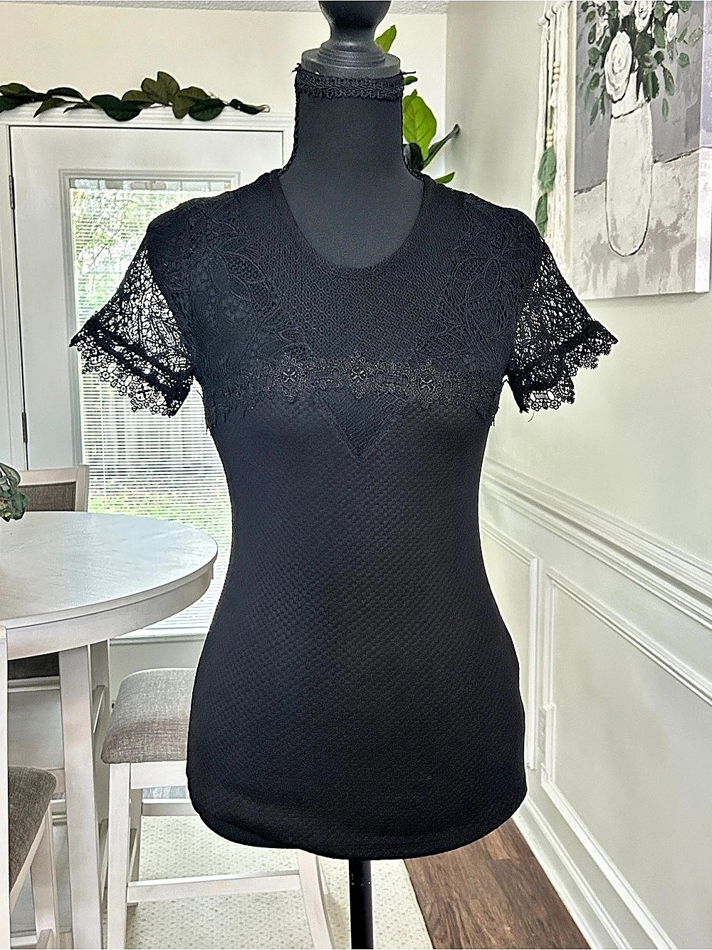 H&M Black Lace Sleeve Top Size XS